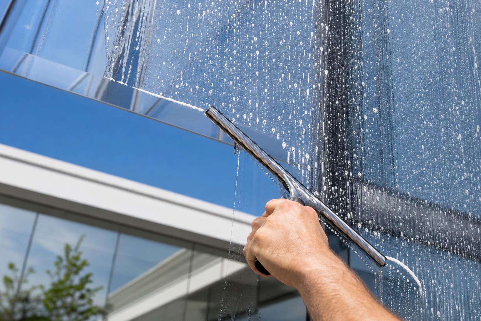 Professionelle Fensterreinigung an einer großen Glasfront in hellem Wohnraum